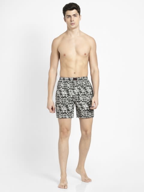 Men's Super Combed Mercerized Cotton Woven Printed Boxer Shorts with Back Pocket - Black & Grey