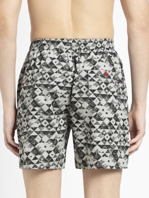 Men's Super Combed Mercerized Cotton Woven Printed Boxer Shorts with Back Pocket - Black & Grey
