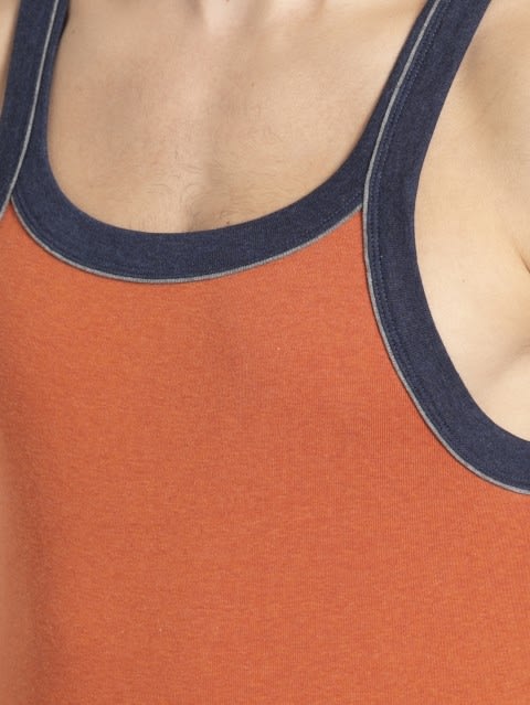 Men's Super Combed Cotton Rib Square Neckline Gym Vest with Back Panel Graphic Print - Autumn Glaze Melange