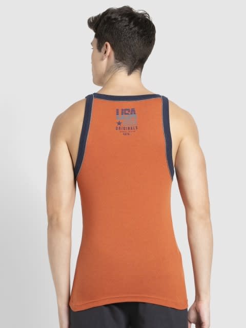 Men's Super Combed Cotton Rib Square Neckline Gym Vest with Back Panel Graphic Print - Autumn Glaze Melange