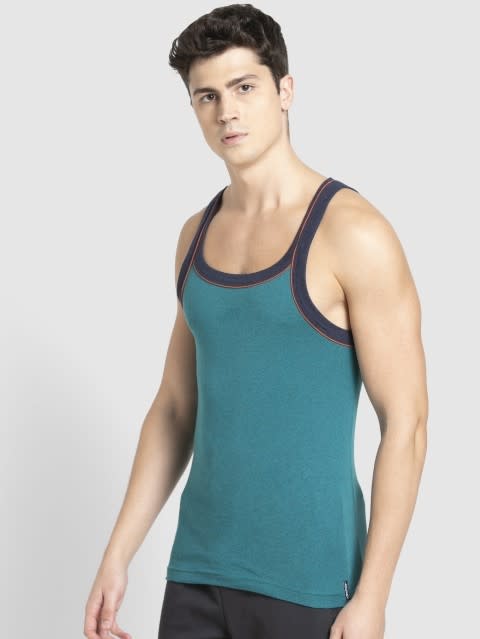 Men's Super Combed Cotton Rib Square Neckline Gym Vest with Back Panel Graphic Print - Harbor Blue Melange
