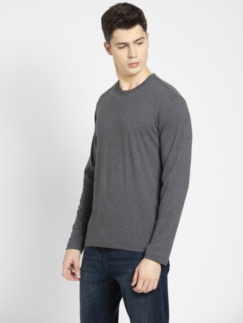 Men's Super Combed Cotton Rich Solid Round Neck Full Sleeve T-Shirt - Charcoal Melange