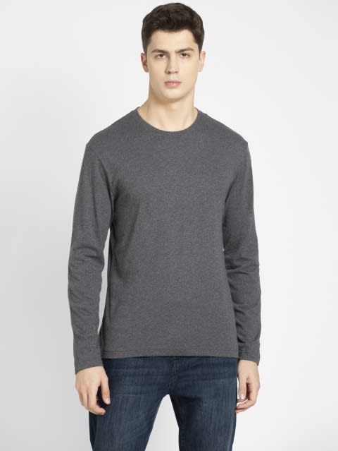 Men's Super Combed Cotton Rich Solid Round Neck Full Sleeve T-Shirt - Charcoal Melange