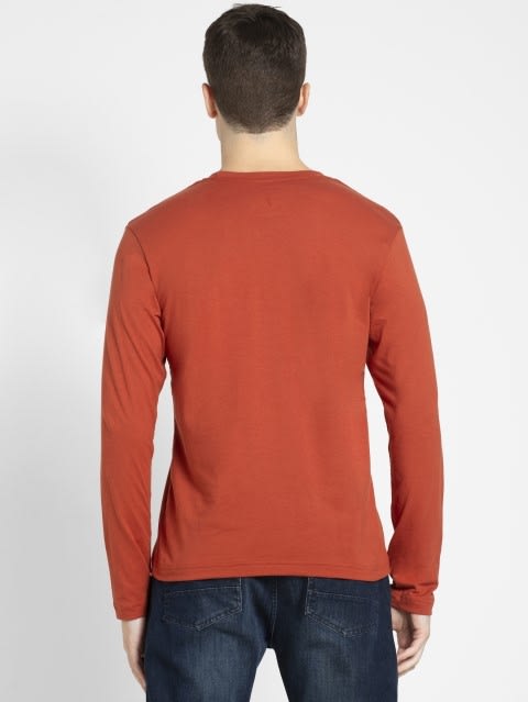 Men's Super Combed Cotton Rich Solid Round Neck Full Sleeve T-Shirt - Cinnabar