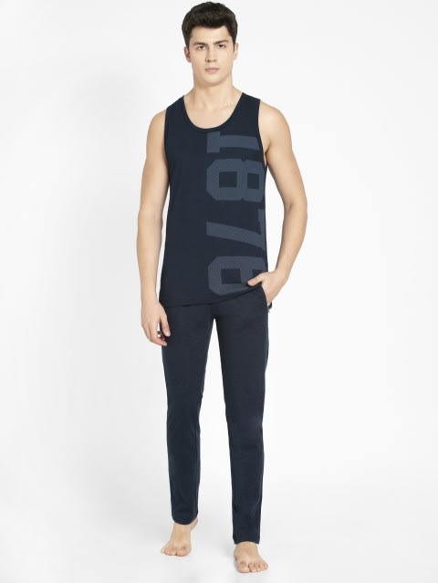 Men's Super Combed Cotton Rich Slim Fit Trackpants with Side and Back Pockets - Navy Melange