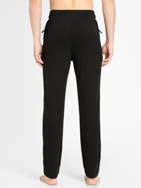 Men's Super Combed Cotton Rich Mesh Elastane Stretch Slim Fit Trackpants with Zipper Pockets - Black