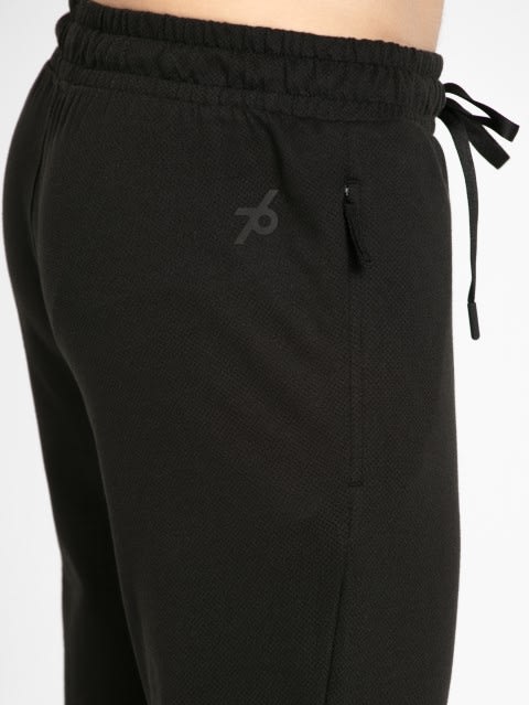 Men's Super Combed Cotton Rich Mesh Elastane Stretch Slim Fit Trackpants with Zipper Pockets - Black