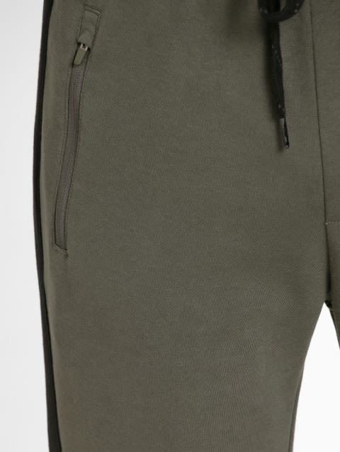 Men's Super Combed Cotton Rich Slim Fit Dual Tone Joggers with Zipper Pockets - Deep Olive