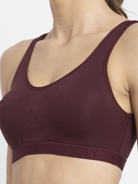 Women's Wirefree Non Padded Super Combed Cotton Elastane Stretch Full Coverage Slip-On Active Bra with Wider Straps and Moisture Move Treatment - Wine Tasting