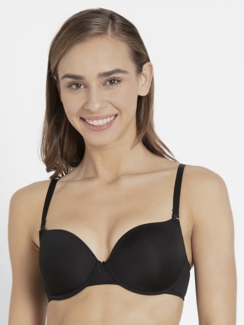 Women's Under-Wired Padded Micro Touch Nylon Elastane Stretch Medium Coverage T-Shirt Bra with Detachable Straps - Black
