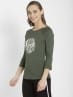 Women's Micro Modal Cotton Relaxed Fit Graphic Printed Round Neck Three Quarter Sleeve T-Shirt - Beetle Melange