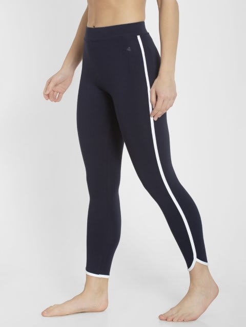 Women's Super Combed Cotton Elastane Stretch Leggings with Coin Pocket and Contrast Side Piping - Navy Blazer