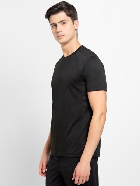 Men's Microfiber Fabric Breathable Mesh Round Neck Half Sleeve T-Shirt with Stay Fresh Treatment - Black