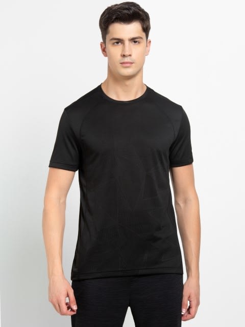 Men's Microfiber Fabric Breathable Mesh Round Neck Half Sleeve T-Shirt with Stay Fresh Treatment - Black