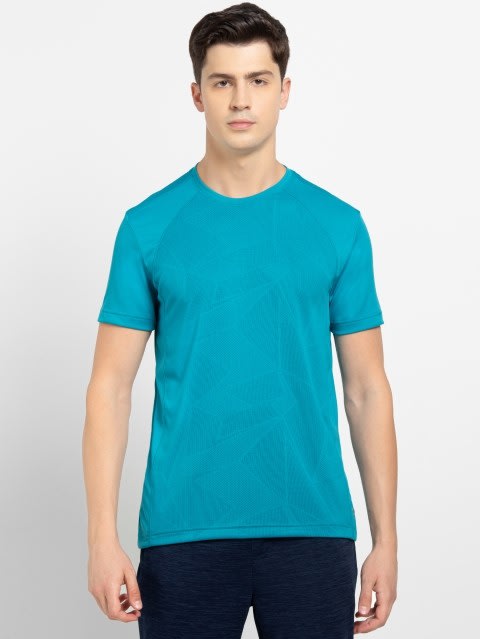 Men's Microfiber Fabric Breathable Mesh Round Neck Half Sleeve T-Shirt with Stay Fresh Treatment - Caribbean Sea