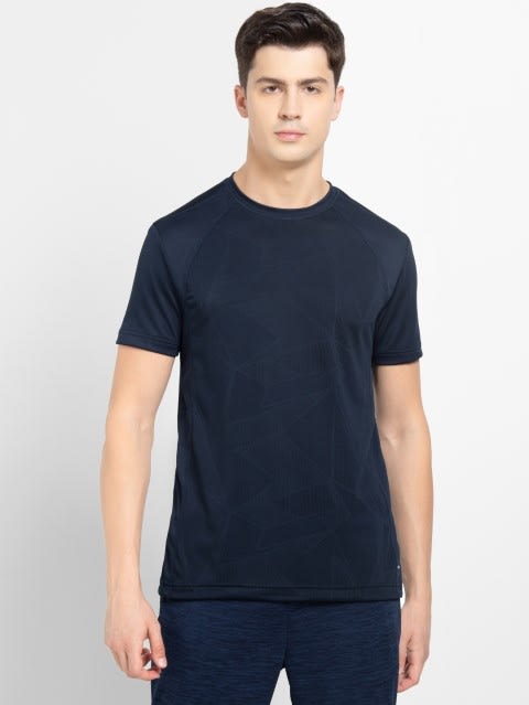 Men's Microfiber Fabric Breathable Mesh Round Neck Half Sleeve T-Shirt with Stay Fresh Treatment - Navy