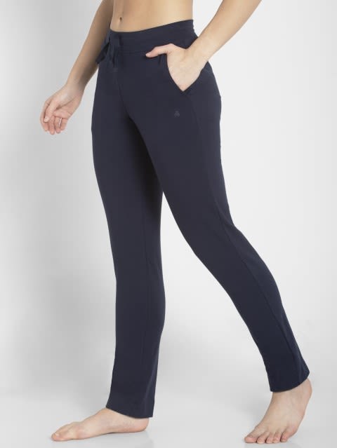 Women's Super Combed Cotton Elastane Stretch Slim Fit Trackpants With Side Pockets - Navy Blazer