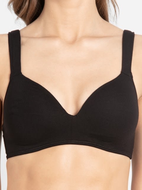 Women's Wirefree Padded Super Combed Cotton Elastane Stretch Full Coverage Lounge Bra with Broad Fabric Strap and Included Bra Pouch - Black