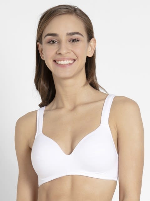 Women's Wirefree Padded Super Combed Cotton Elastane Stretch Full Coverage Lounge Bra with Broad Fabric Strap and Included Bra Pouch - White