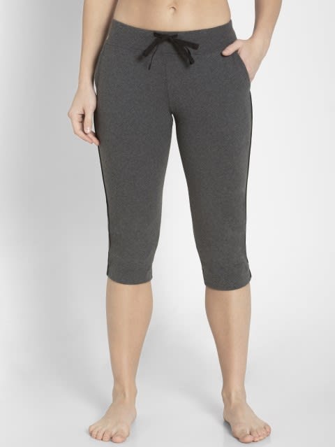 Women's Super Combed Cotton Elastane Stretch Relaxed Fit Capri with Side Pockets - Charcoal Melange