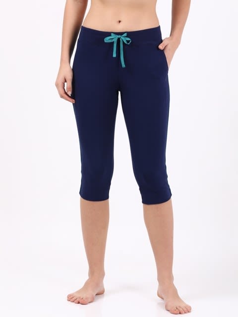 Women's Super Combed Cotton Elastane Stretch Relaxed Fit Capri with Side Pockets - Imperial Blue