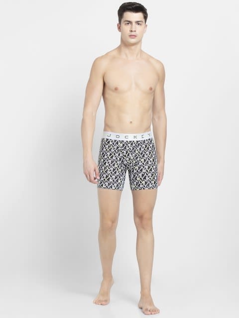 Men's Super Combed Cotton Elastane Stretch Printed Boxer Brief with Ultrasoft Waistband - Black & White