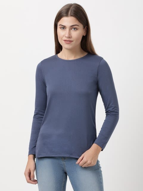Women's Micro Modal Cotton Relaxed Fit Solid Round Neck Full Sleeve T-Shirt - Blue Indigo