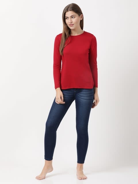 Round Neck Full Sleeve T-Shirt for Women with Curved Hem  - Jester Red