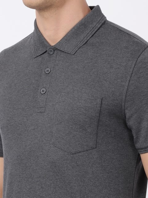 Men's Super Combed Cotton Rich Solid Half Sleeve Polo T-Shirt with Chest Pocket - Charcoal Melange
