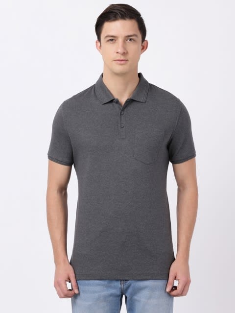 Men's Super Combed Cotton Rich Solid Half Sleeve Polo T-Shirt with Chest Pocket - Charcoal Melange