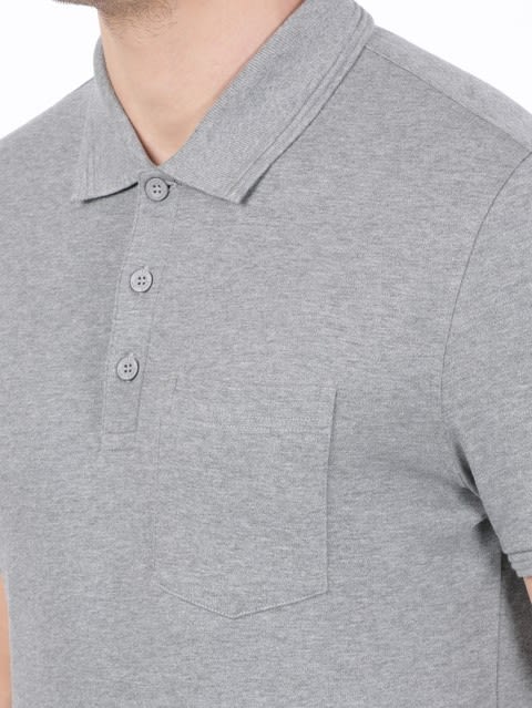 Men's Super Combed Cotton Rich Solid Half Sleeve Polo T-Shirt with Chest Pocket - Mid Grey Melange