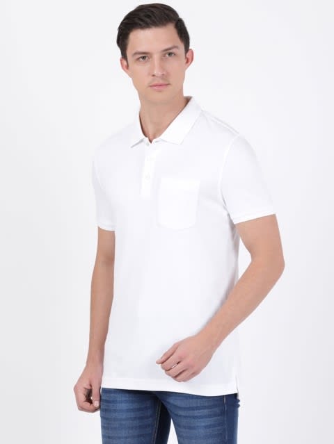 Men's Super Combed Cotton Rich Solid Half Sleeve Polo T-Shirt with Chest Pocket - White