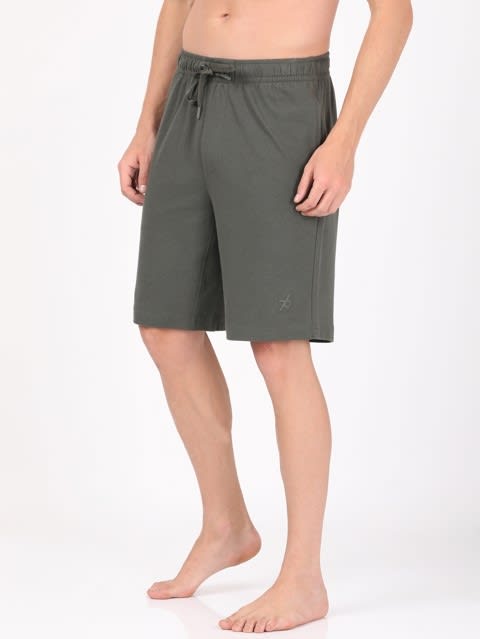 Men's Super Combed Cotton Rich Mesh Elastane Stretch Regular Fit Solid Shorts with Side Pockets - Deep Olive