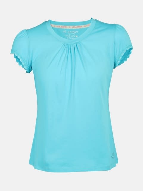 Girl's Super Combed Cotton Solid Relaxed Fit Short Sleeve T-Shirt with Lace Trims On Sleeve - Blue Curacao