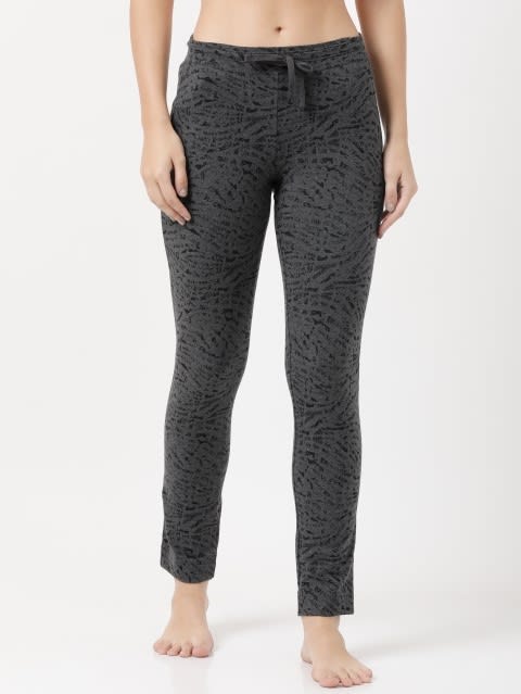 Women's Super Combed Cotton Elastane Stretch Slim Fit Trackpants With Side Pockets - Charcoal Melange Printed