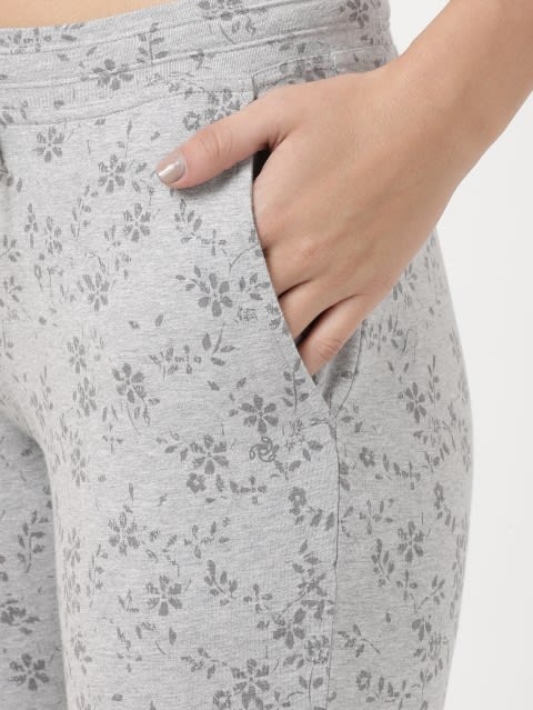 Women's Super Combed Cotton Elastane Stretch Slim Fit Trackpants With Side Pockets - Lt Grey Melange Printed
