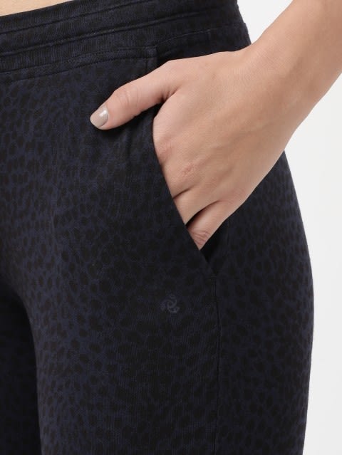 Women's Super Combed Cotton Elastane Stretch Slim Fit Trackpants With Side Pockets - Navy Blazer Printed