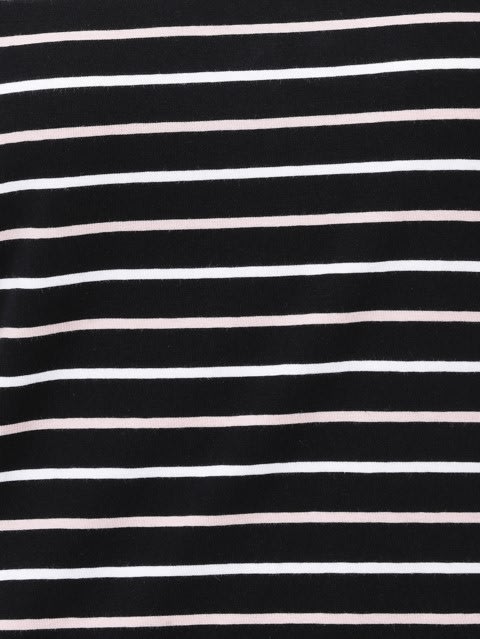 Women's Super Combed Cotton Elastane Stretch Regular Fit Yarn Dyed Striped V Neck Half Sleeve T-Shirt - Black