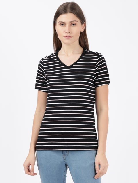 Women's Super Combed Cotton Elastane Stretch Regular Fit Yarn Dyed Striped V Neck Half Sleeve T-Shirt - Black
