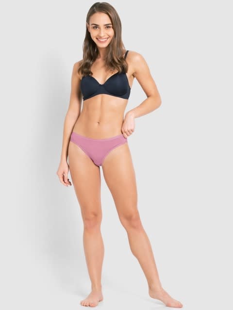 Women's Medium Coverage Micro Modal Elastane Stretch Mid Waist Bikini With Exposed Waistband - Cashmere Rose