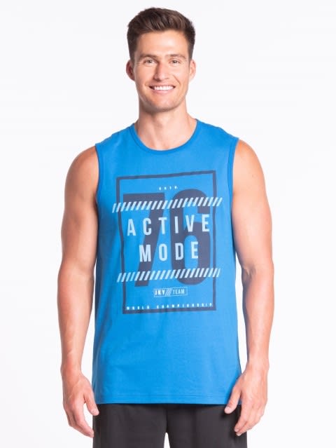 Men's Super Combed Cotton Rich Graphic Printed Round Neck Muscle Tee - Neon Blue Printed