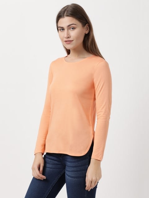 Women's Micro Modal Cotton Relaxed Fit Solid Round Neck Full Sleeve T-Shirt - Coral Reef
