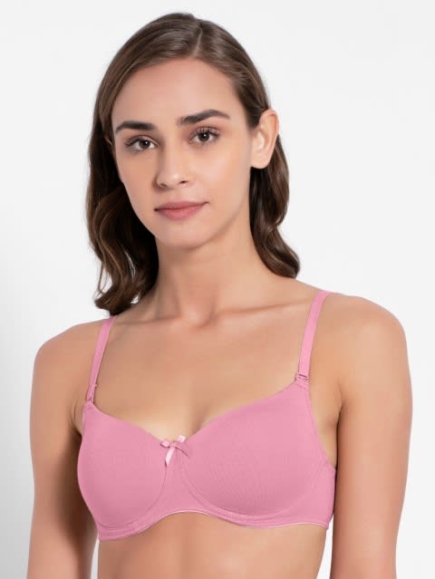Women's Wirefree Padded Super Combed Cotton Elastane Stretch Medium Coverage Multiway Styling T-Shirt Bra with Detachable Straps - Heather Rose