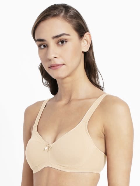 Women's Wirefree Non Padded Super Combed Cotton Elastane Stretch Full Coverage Everyday Bra with Contoured Shaper Panel and Adjustable Straps - Skin