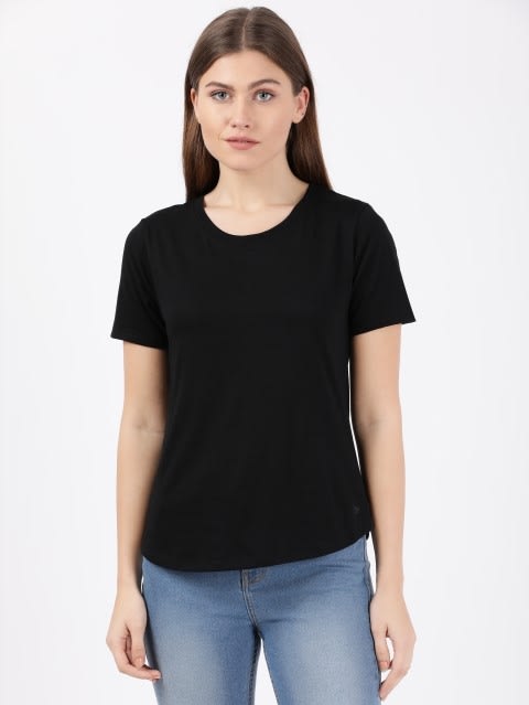 Women's Super Combed Cotton Rich Relaxed Fit Solid Curved Hem Styled Half Sleeve T-Shirt - Black