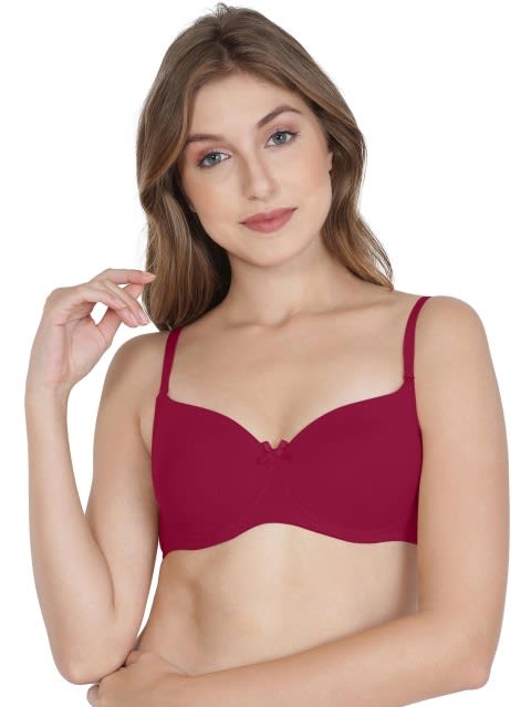 Women's Wirefree Padded Super Combed Cotton Elastane Stretch Medium Coverage Multiway Styling T-Shirt Bra with Detachable Straps - Beet Red