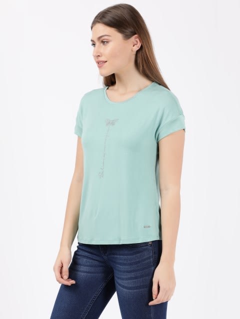 Women's Micro Modal Elastane Stretch Relaxed Fit Graphic Printed Round Neck Half Sleeve T-Shirt - Malachite Green