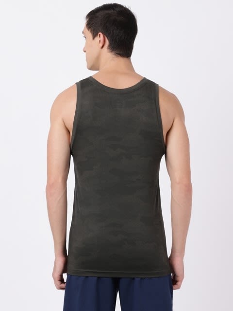 Men's Super Combed Cotton Rich Graphic Printed Low Neck Tank Top With Stay Fresh Treatment - Deep Olive Print