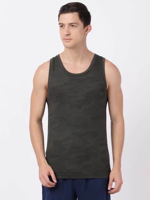 Men's Super Combed Cotton Rich Graphic Printed Low Neck Tank Top With Stay Fresh Treatment - Deep Olive Print