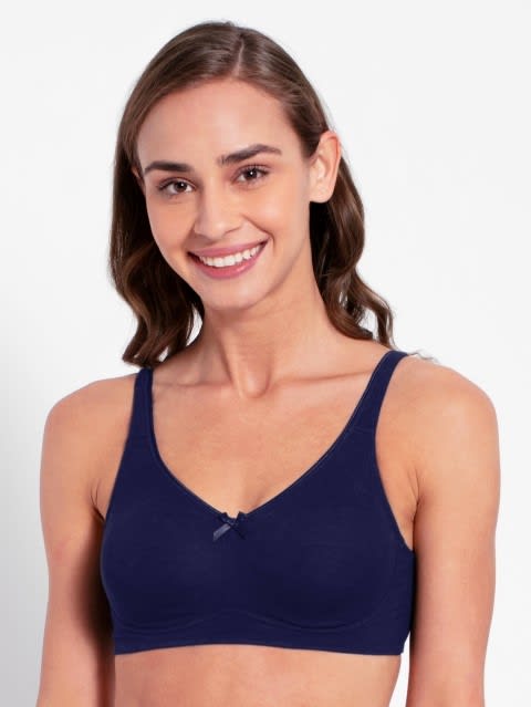 Women's Wirefree Non Padded Super Combed Cotton Elastane Stretch Full Coverage Everyday Bra with Concealed Shaper Panel and Broad Fabric Straps - Classic Navy